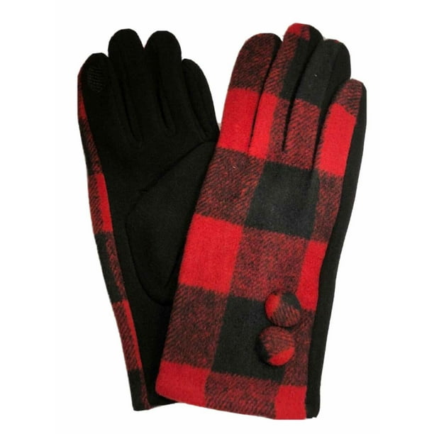 Button Tartan Plaid Check Touchscreen Winter Fashion Gloves
